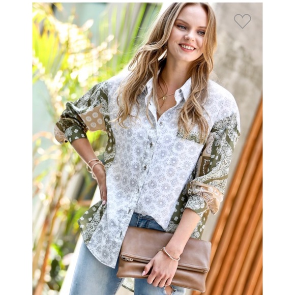 Vintage Olive Medallion Patchwork Oversized Blouse - Picture 3 of 7